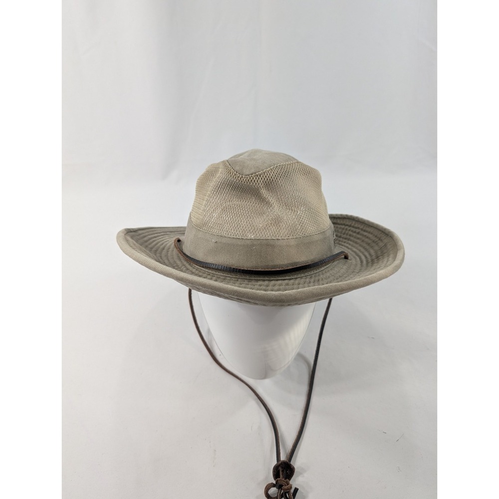 Vtg Rainforest Cafe Souvenir Safari‎ Hat Khaki Wide Brim  Leather Large 7 1/4